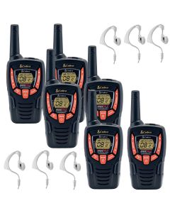 8Km Cobra AM645 Two Way PMR 446 Walkie Talkie Licence Free Radio + 6 x Comtech CM-15PT PTT Handsfree Headsets - Six pack