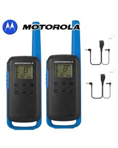 8Km Motorola TLKR T62 Walkie Talkie Two Way Licence Free 446 PMR Security Leisure Radio – Twin Pack Blue + 2 Headsets