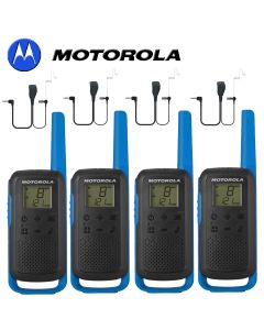 8Km Motorola TLKR T62 Walkie Talkie Two Way Licence Free 446 PMR Security Leisure Radio – Quad Pack Blue + 4 Headsets