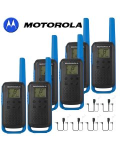 8Km Motorola TLKR T62 Walkie Talkie Two Way Licence Free 446 PMR Security Leisure Radio – Six Pack Blue + 6 Headsets