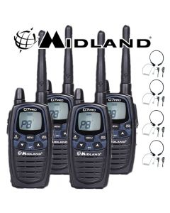 12Km Midland G7 Pro Dual Band Long Range Two Way PMR 446 Licence Free Radios with 4 x Comtech CM-415TH PTT/VOX Throat mics for Skiing & Go KartinG - Quad pack