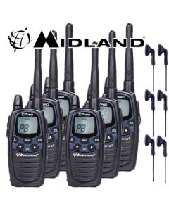 12Km Midland G7 Pro Dual Band Long Range Two Way PMR 446 Licence Free Radio Six Pack + 6 x Comtech CM-50PT Headsets