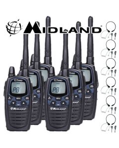 12Km Midland G7 Pro Dual Band Long Range Two Way PMR 446 Licence Free Radios with 6 x Comtech CM-415TH PTT/VOX Throat mics for Skiing & Go KartinG - Six pack