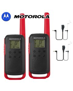 8Km Motorola TLKR T62 Walkie Talkie Two Way Licence Free 446 PMR Security Leisure Radio – Twin Pack Red + 2 Headsets