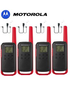 8Km Motorola TLKR T62 Walkie Talkie Two Way Licence Free 446 PMR Security Leisure Radio – Quad Pack Red + 4 Headsets