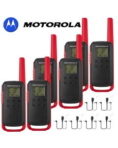 8Km Motorola TLKR T62 Walkie Talkie Two Way Licence Free 446 PMR Security Leisure Radio – Six Pack Red + 6 Headsets