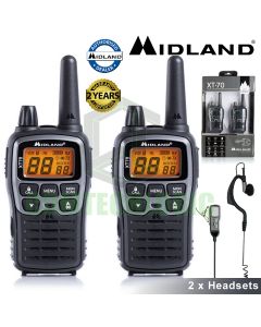 12km Midland XT70 Twin Band Two Way Walkie Talkie PMR446 Radio + 2 Headsets